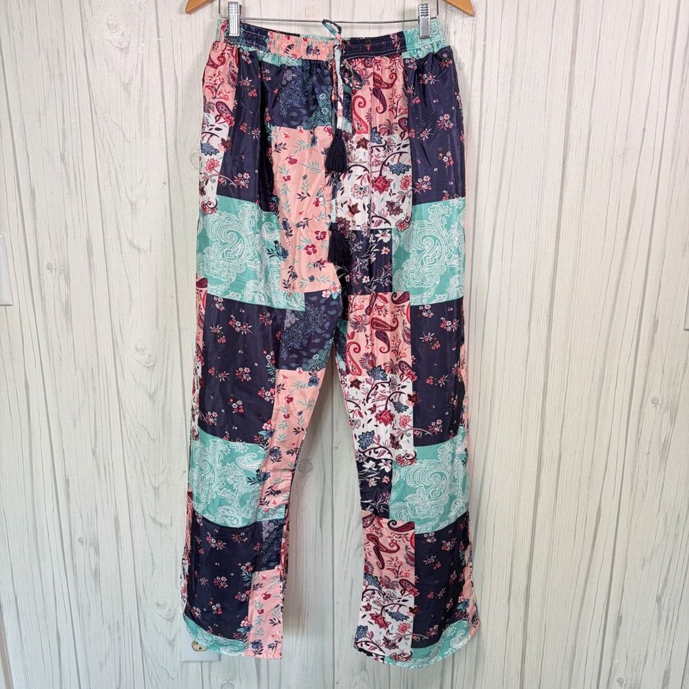 NWT WHITE WAVES 100% Silk Patchwork Print‎ Wide Leg Pants, O/S